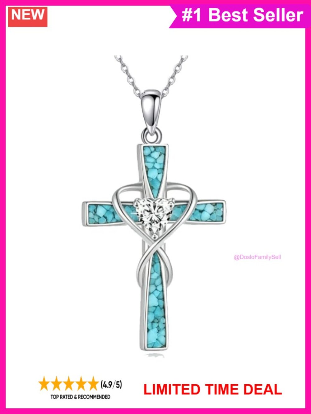 Sterling Silver Cross Necklace Turquoise Heart CZ Pendant Religious Jewelry